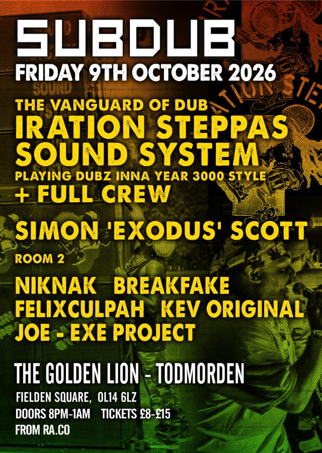 SUBDUB - Friday 9th October 2026 at The Golden Lion, Todmorden - event flyer